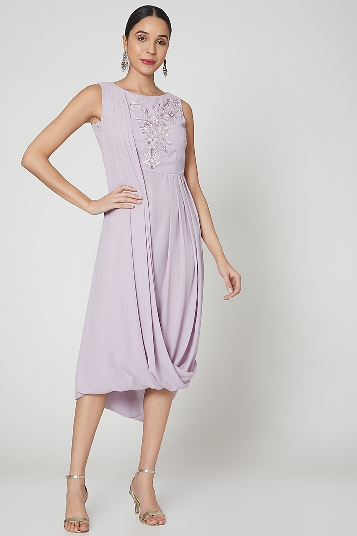 Lilac Embroidered Draped Midi Dress by Vyasa By Urvi at Pernia's Pop Up Shop