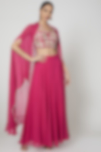 Fuchsia Embroidered Skirt Set With Cape by Vyasa By Urvi