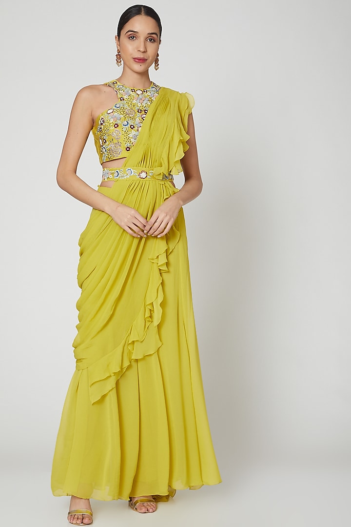 Yellow Embroidered Sharara Set With Drape & Belt by Vyasa By Urvi