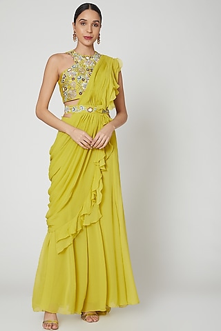 Yellow Embroidered Sharara Set With Drape & Belt by Vyasa By Urvi