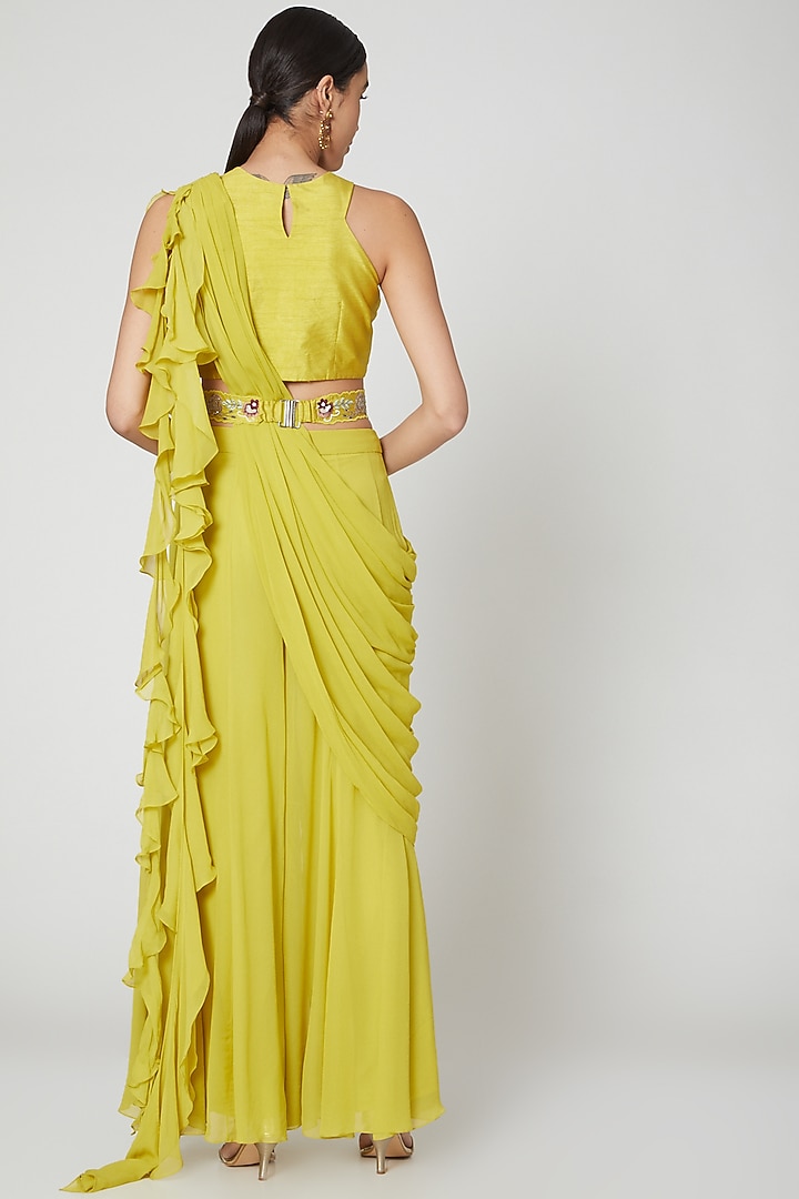 Yellow Embroidered Wedding Sharara Set With Drape & Belt by Vyasa By Urvi at Pernia's Pop Up Shop