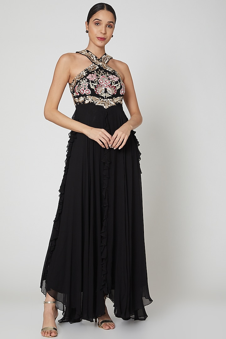 Black Embroidered Asymmetric Frilled Cocktail Gown by Vyasa By Urvi