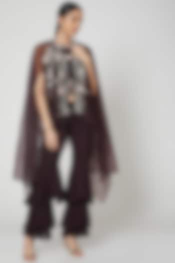 Wine Embroidered Pant Set With Cape by Vyasa By Urvi at Pernia's Pop Up Shop