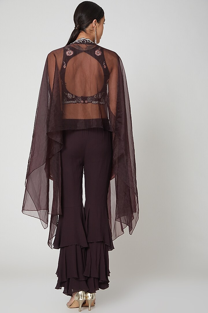 Wine Embroidered Pant Set With Cape by Vyasa By Urvi at Pernia's Pop Up Shop