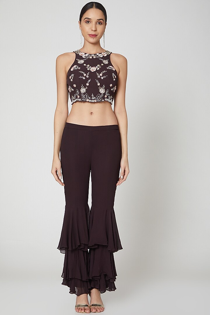 Wine Embroidered Pant Set With Cape by Vyasa By Urvi at Pernia's Pop Up Shop