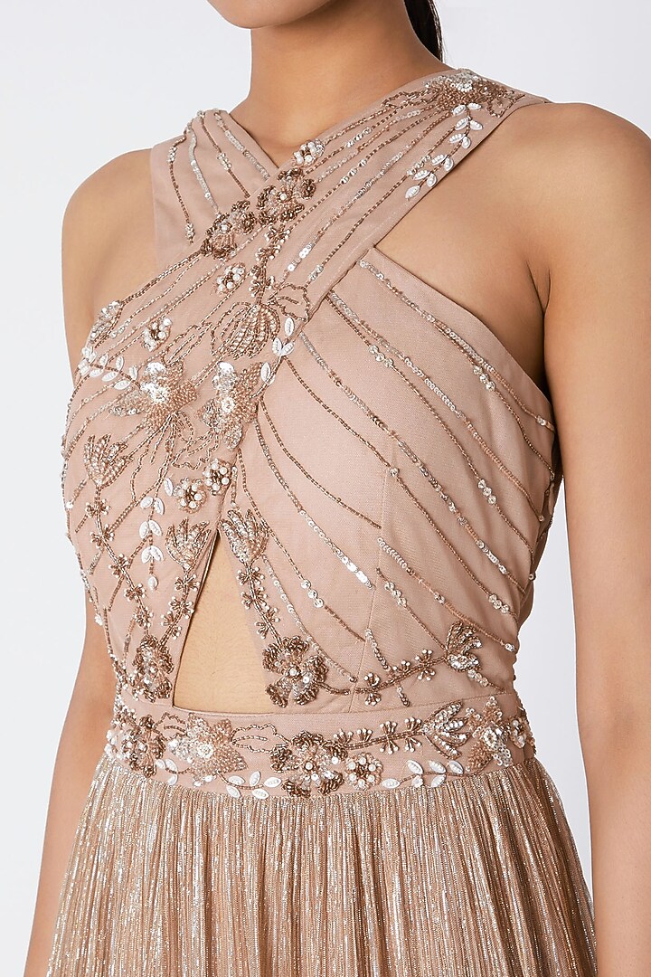 Bronze Embroidered Crossover Maxi Dress For Girls by Vyasa by Urvi - Kids at Pernia's Pop Up Shop