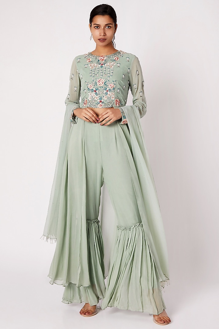 Mint Green Embroidered Gharara Set For Girls by Vyasa by Urvi - Kids at Pernia's Pop Up Shop