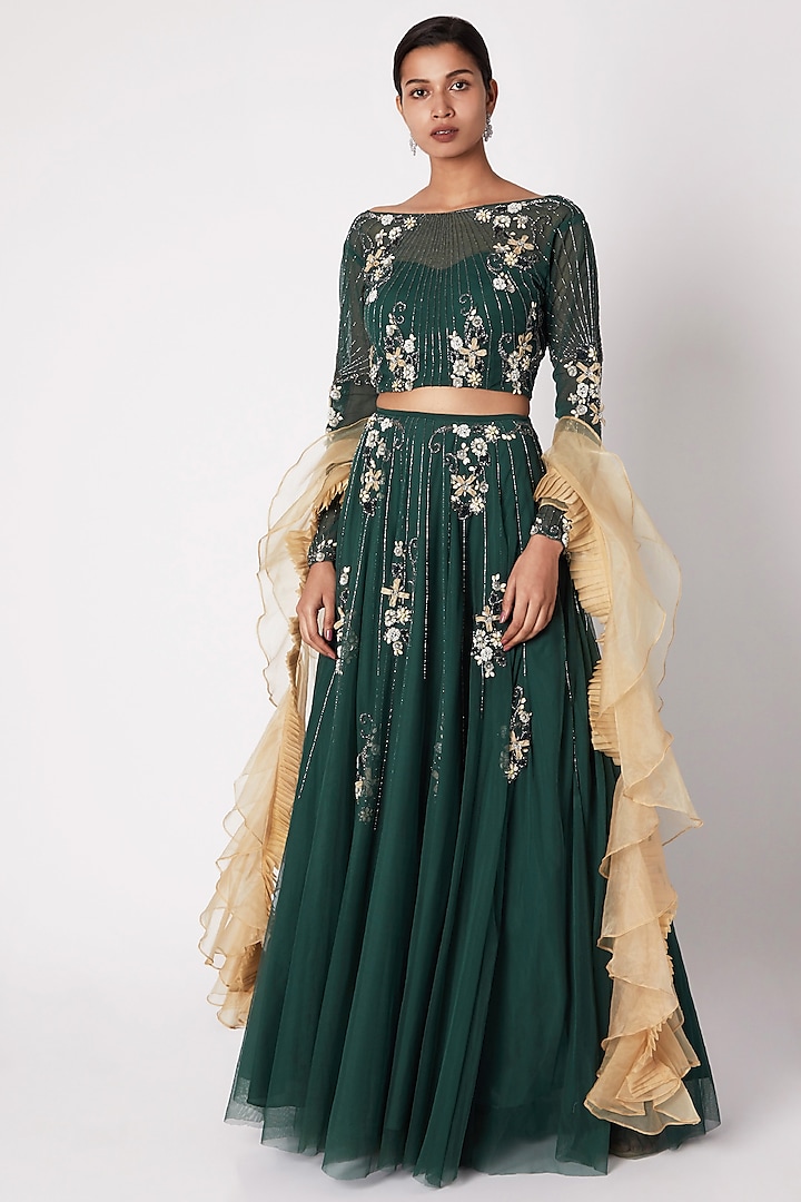 Emerald Green Embroidered Lehenga Set For Girls by Vyasa by Urvi - Kids