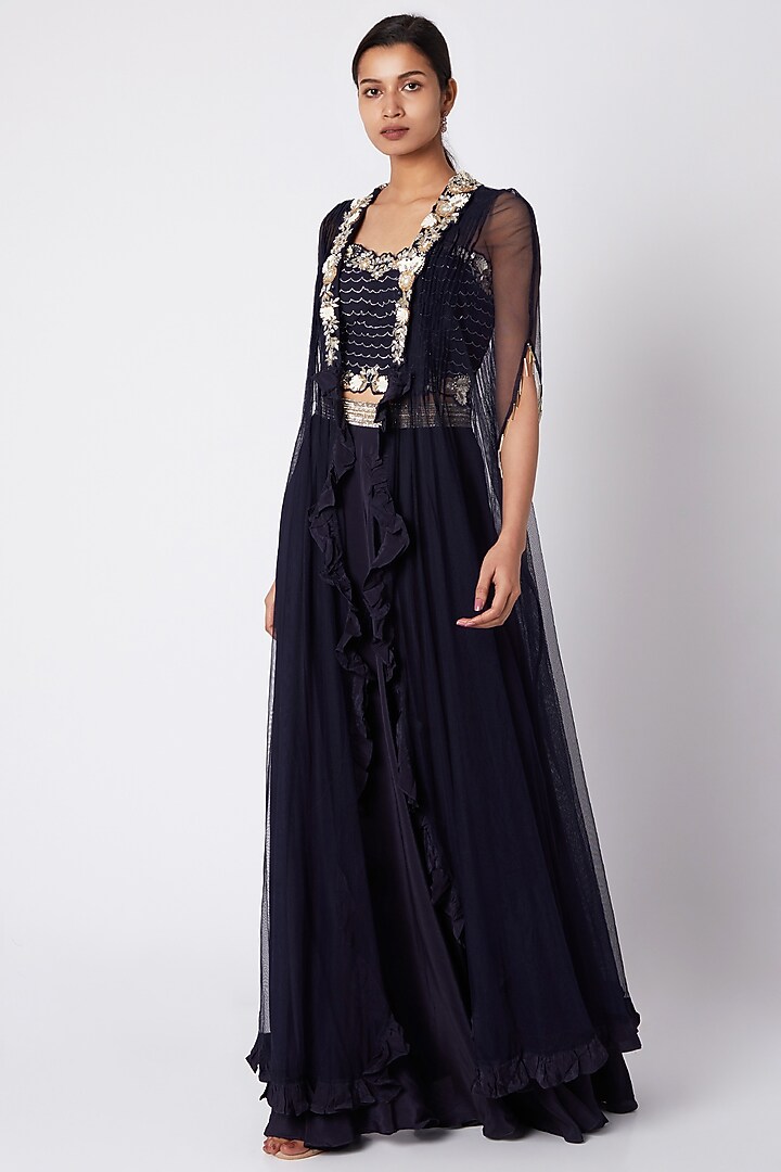 Navy Blue Embroidered Cape Set For Girls by Vyasa by Urvi - Kids at Pernia's Pop Up Shop