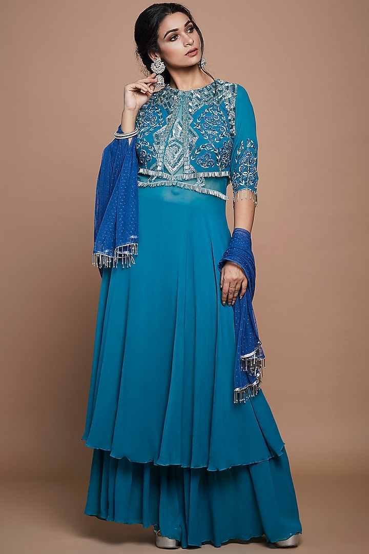 Turquoise Georgette Sharara Set For Girls  by Vyasa by Urvi - Kids