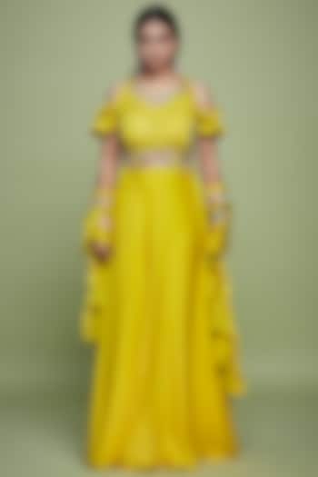 Yellow Embroidered Gown With Ruffled Dupatta For Girls by Vyasa by Urvi - Kids