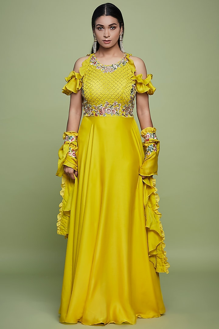 Yellow Embroidered Gown With Ruffled Dupatta For Girls by Vyasa by Urvi - Kids