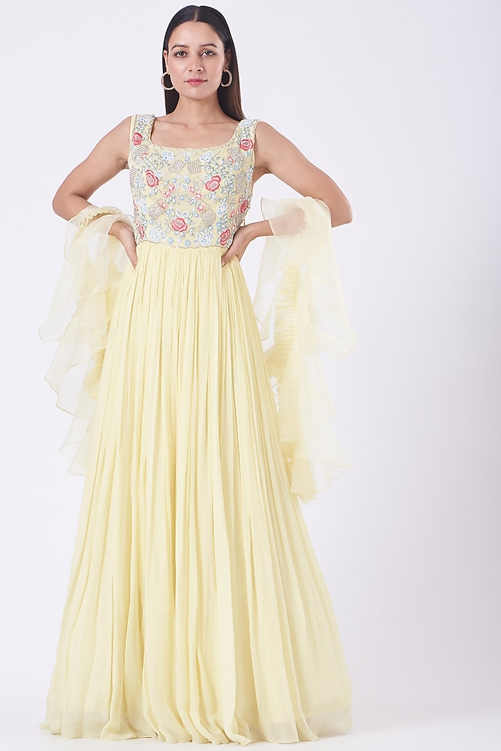 Yellow Embroidered Gathered Gown With Dupatta For Girls  by Vyasa by Urvi - Kids