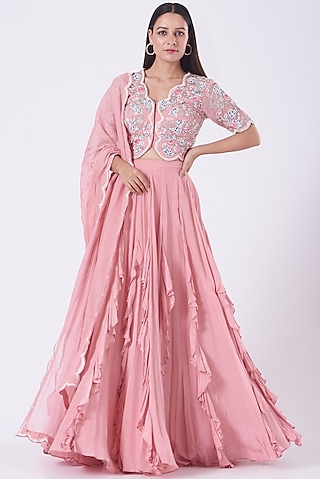 Blush Pink Frilled Lehenga Set For Girls by Vyasa by Urvi - Kids