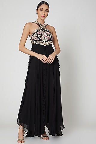 Black Embroidered Asymmetric Cocktail Gown For Girls by Vyasa by Urvi - Kids