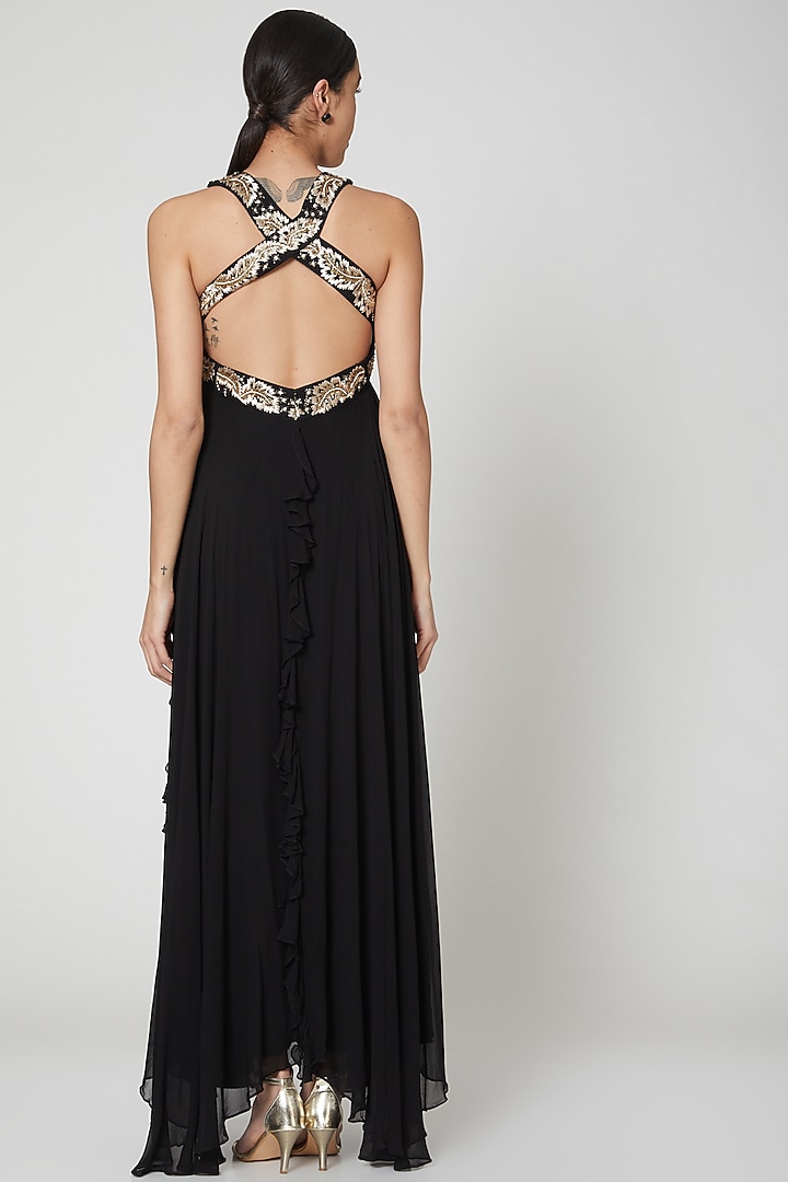 Black Embroidered Asymmetric Cocktail Gown For Girls by Vyasa by Urvi - Kids at Pernia's Pop Up Shop