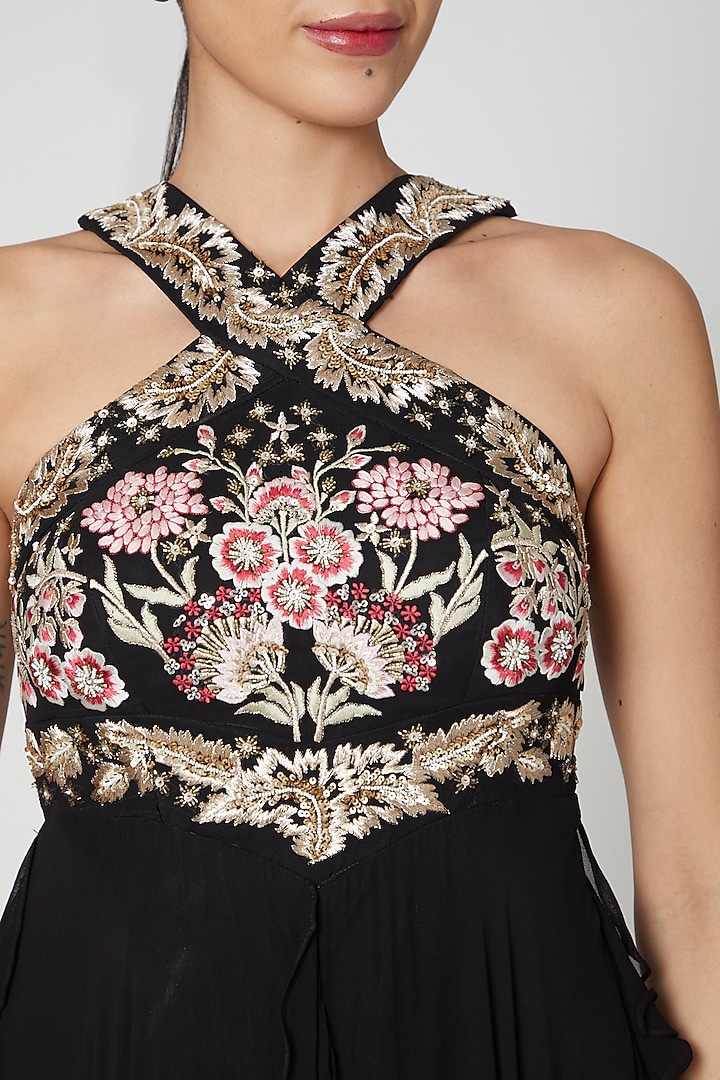 Black Embroidered Asymmetric Cocktail Gown For Girls by Vyasa by Urvi - Kids at Pernia's Pop Up Shop