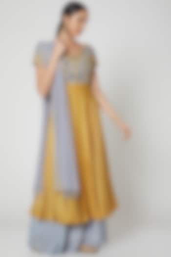 Yellow & Grey Embroidered Anarkali Set For Girls by Vyasa by Urvi - Kids