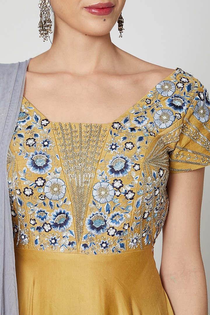 Yellow & Grey Embroidered Anarkali Set For Girls by Vyasa by Urvi - Kids at Pernia's Pop Up Shop