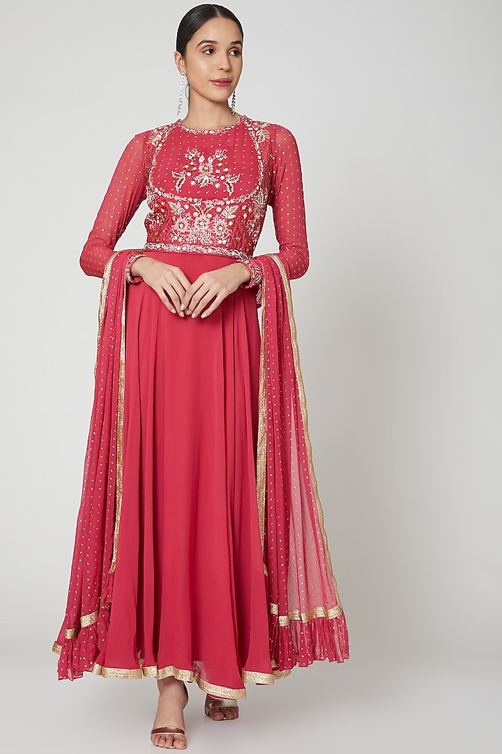 Red Embroidered Anarkali Set For Girls With Belt by Vyasa by Urvi - Kids