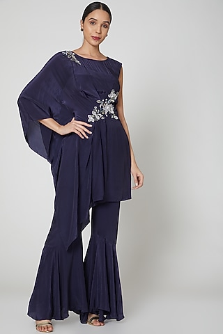 Navy Blue Embroidered Tunic Set For Girls by Vyasa by Urvi - Kids