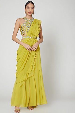 Yellow Embroidered Sharara Set With Drape & Belt For Girls  by Vyasa by Urvi - Kids