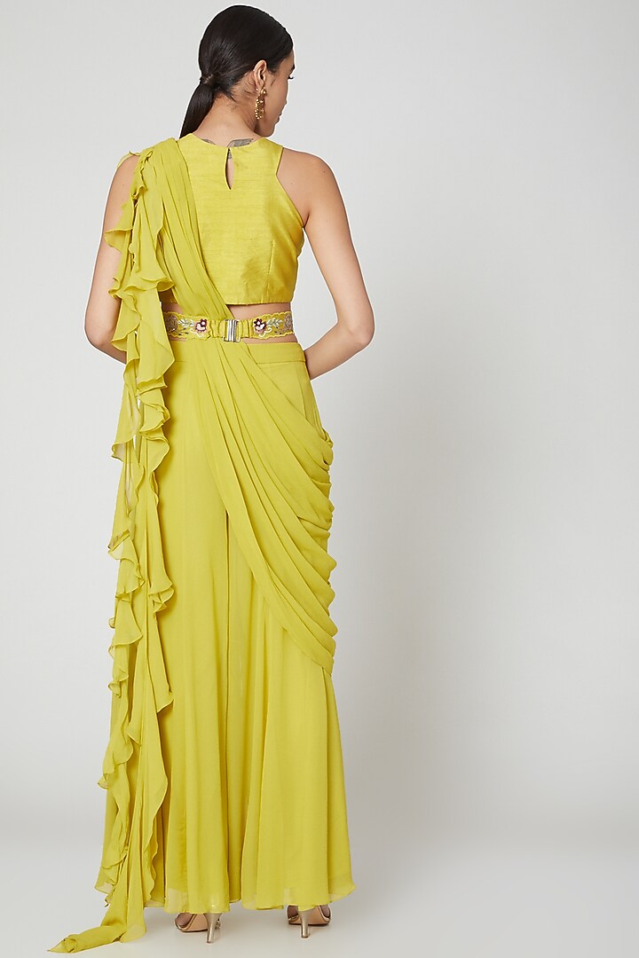 Yellow Embroidered Sharara Set With Drape & Belt For Girls by Vyasa by Urvi - Kids at Pernia's Pop Up Shop