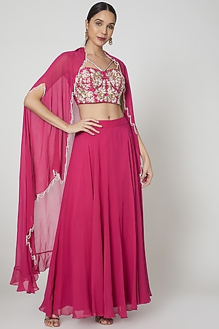 Fuchsia Embroidered Skirt Set With Cape For Girls by Vyasa by Urvi - Kids