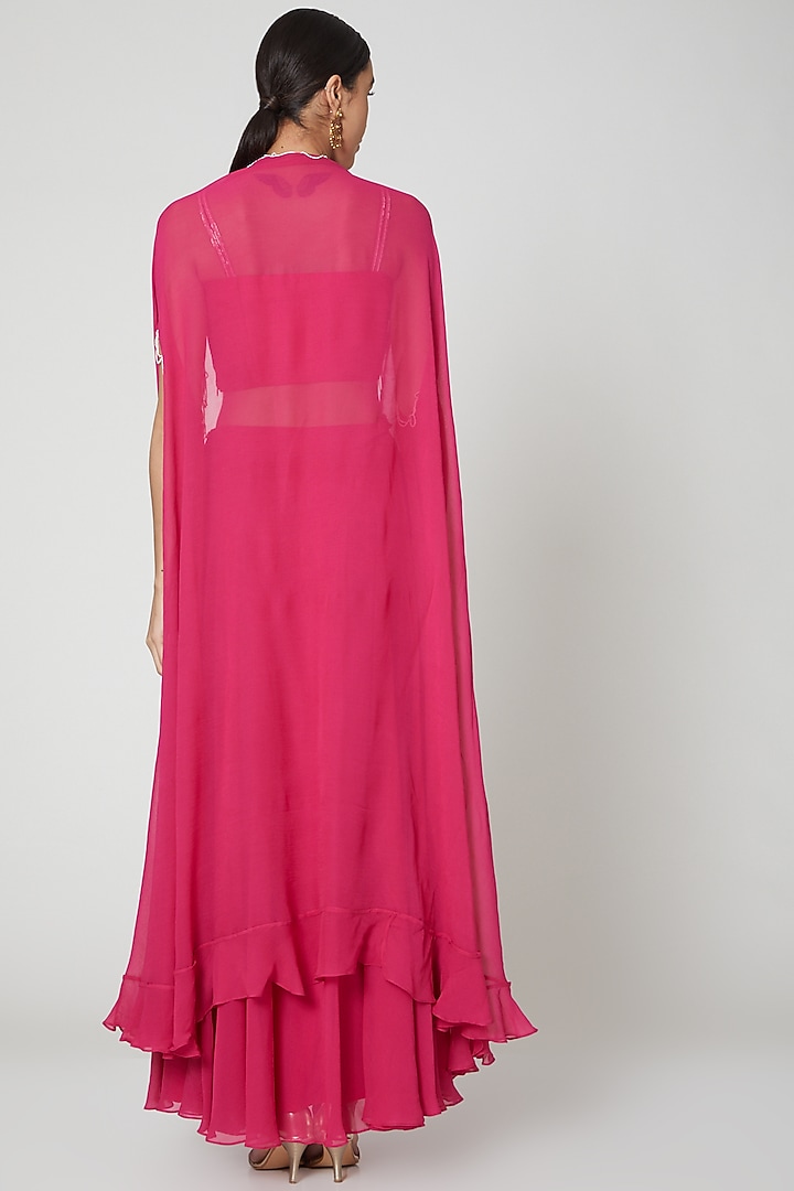 Fuchsia Embroidered Skirt Set With Cape For Girls by Vyasa by Urvi - Kids at Pernia's Pop Up Shop