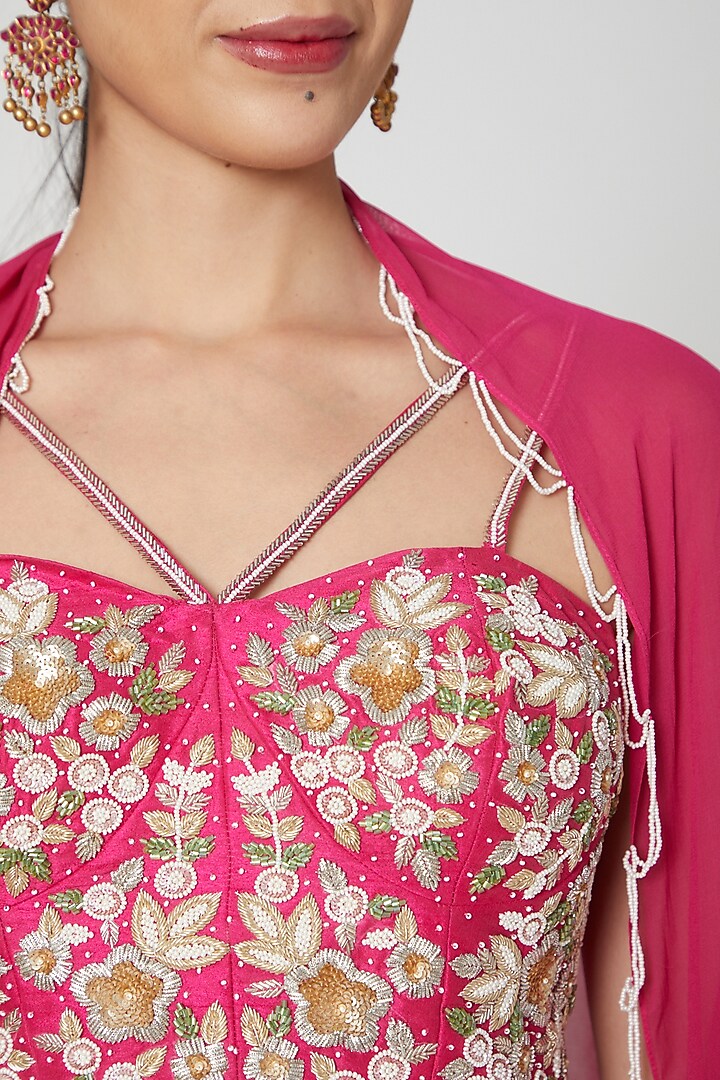 Fuchsia Embroidered Skirt Set With Cape For Girls by Vyasa by Urvi - Kids at Pernia's Pop Up Shop