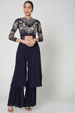 Navy Blue Viscose Georgette Gharara Set For Girls by Vyasa by Urvi - Kids