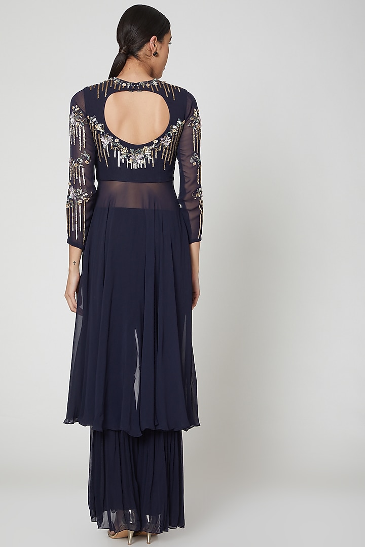 Navy Blue Viscose Georgette Gharara Set For Girls by Vyasa by Urvi - Kids at Pernia's Pop Up Shop