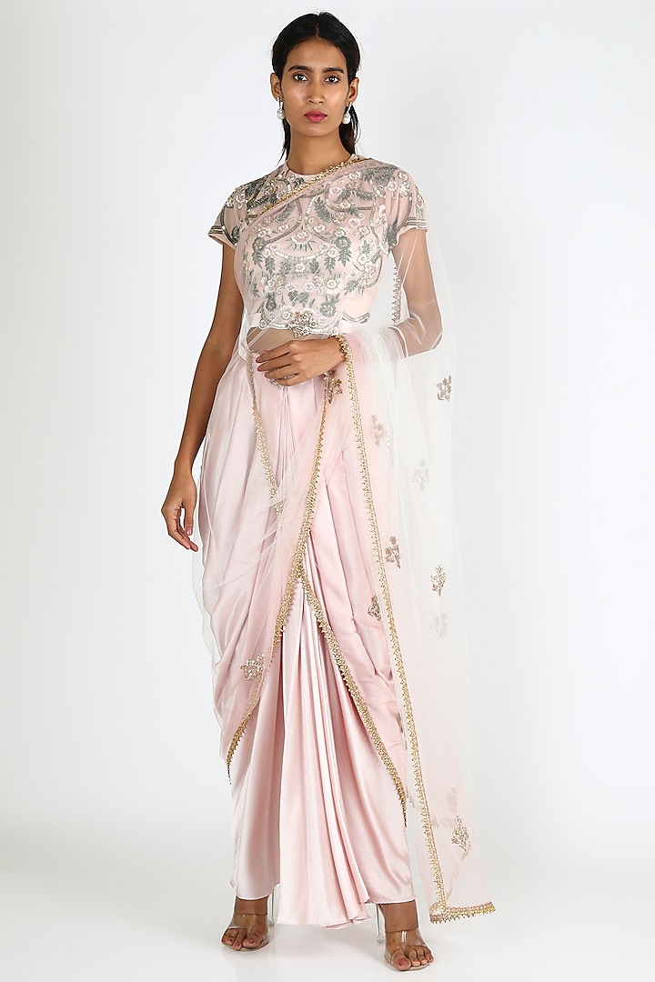 Light Pink Embroidered Pant Saree Set For Girls by Vyasa by Urvi - Kids