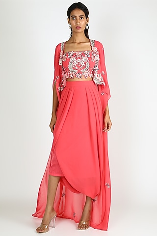 Pink Georgette Embroidered Draped Skirt Set For Girls by Vyasa by Urvi - Kids