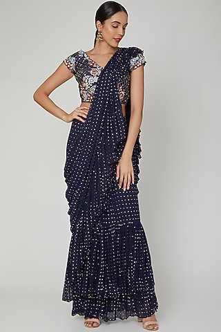 Cobalt Blue Embroidered Draped Saree Set For Girls by Vyasa by Urvi - Kids