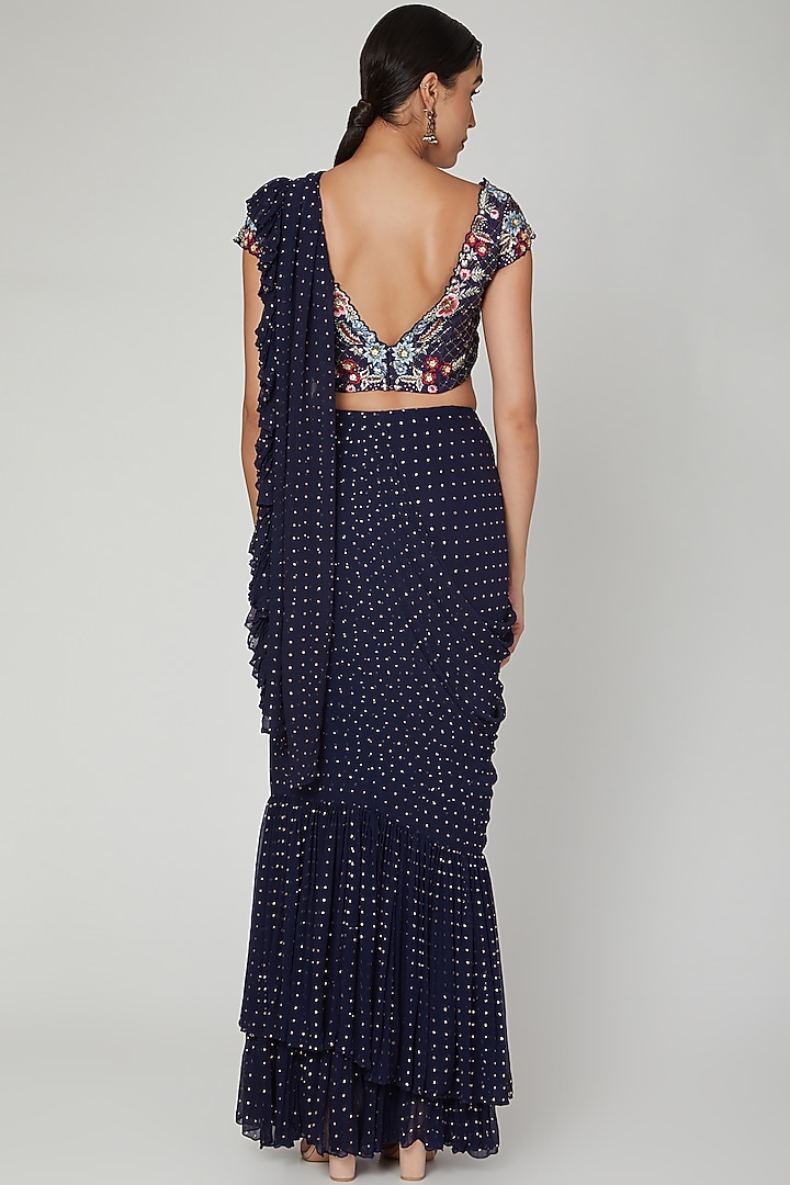 Cobalt Blue Embroidered Draped Saree Set For Girls by Vyasa by Urvi - Kids at Pernia's Pop Up Shop