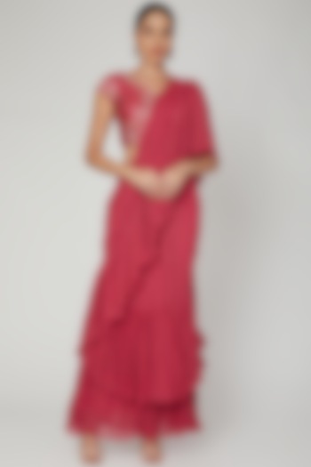 Red Embroidered Draped Saree Set For Girls by Vyasa by Urvi - Kids