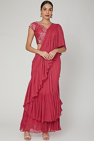Red Embroidered Draped Saree Set For Girls by Vyasa by Urvi - Kids
