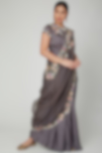 Grey Embroidered Gown Saree With Cape For Girls by Vyasa by Urvi - Kids