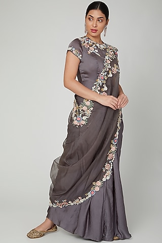 Grey Embroidered Gown Saree With Cape For Girls by Vyasa by Urvi - Kids