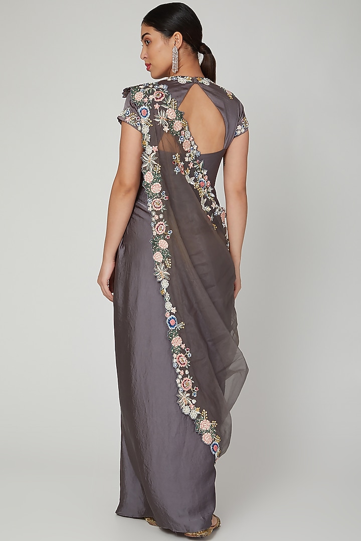 Grey Embroidered Gown Saree With Cape For Girls by Vyasa by Urvi - Kids at Pernia's Pop Up Shop