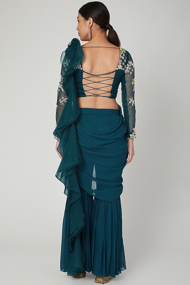 Emerald Green Embroidered Pant Saree Set For Girls by Vyasa by Urvi - Kids at Pernia's Pop Up Shop
