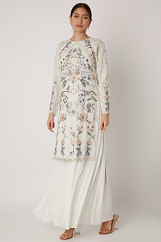 Ivory Georgette Embroidered Sharara Pants by Vyasa by Urvi - Kids