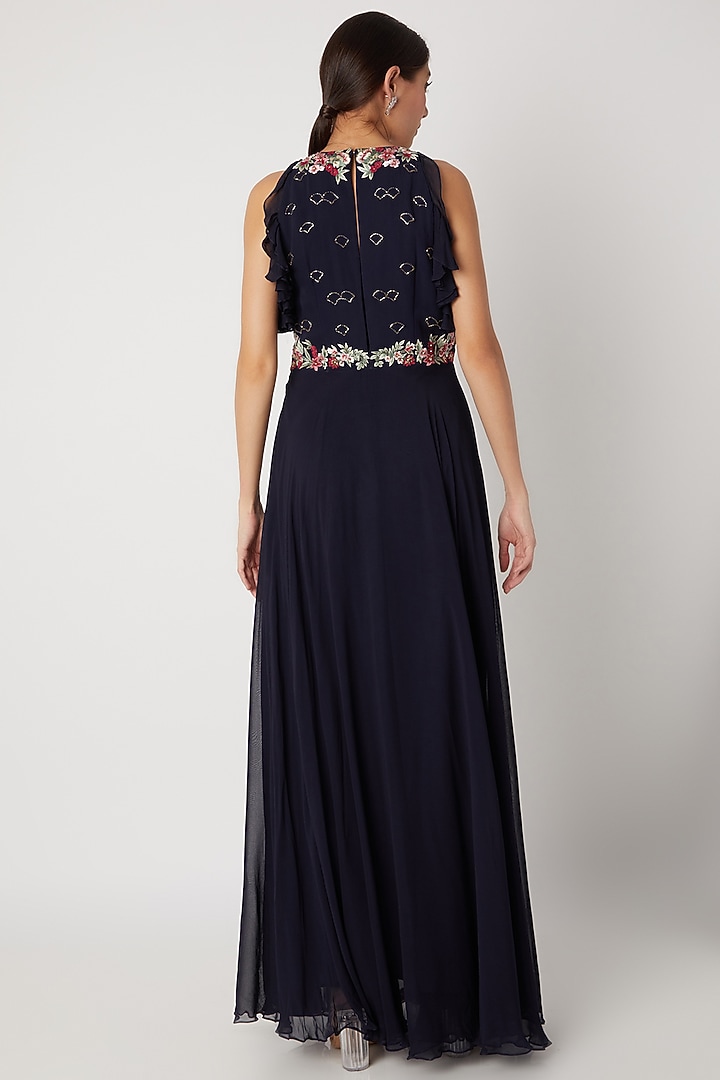 Navy Blue Embroidered Gown With Ruffled Stole For Girls  by Vyasa by Urvi - Kids at Pernia's Pop Up Shop