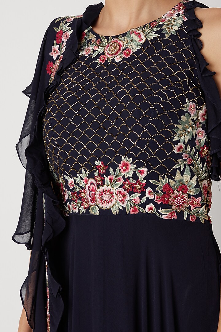 Navy Blue Embroidered Gown With Ruffled Stole For Girls  by Vyasa by Urvi - Kids at Pernia's Pop Up Shop
