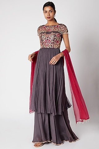 Purple Embroidered Sharara Set For Girls by Vyasa by Urvi - Kids
