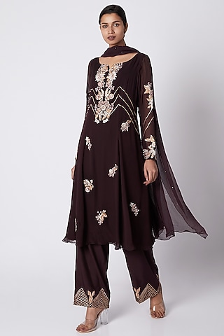 Wine Embroidered Tunic Set For Girls by Vyasa by Urvi - Kids