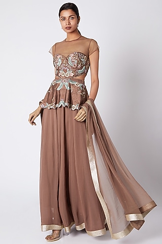 Brown Viscose Georgette Skirt Set For Girls by Vyasa by Urvi - Kids