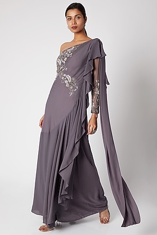 Purple Embroidered Saree Gown For Girls by Vyasa by Urvi - Kids