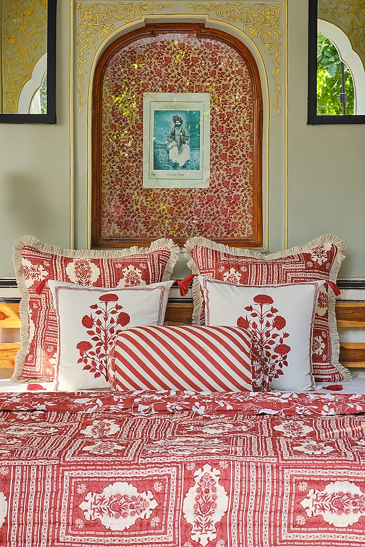 Red Silk & Cotton Printed Reversible Quilt by vVyom